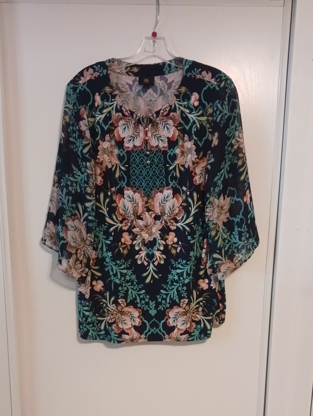 JM Collection XL Floral Tunic Top - Black, Teal & Blush